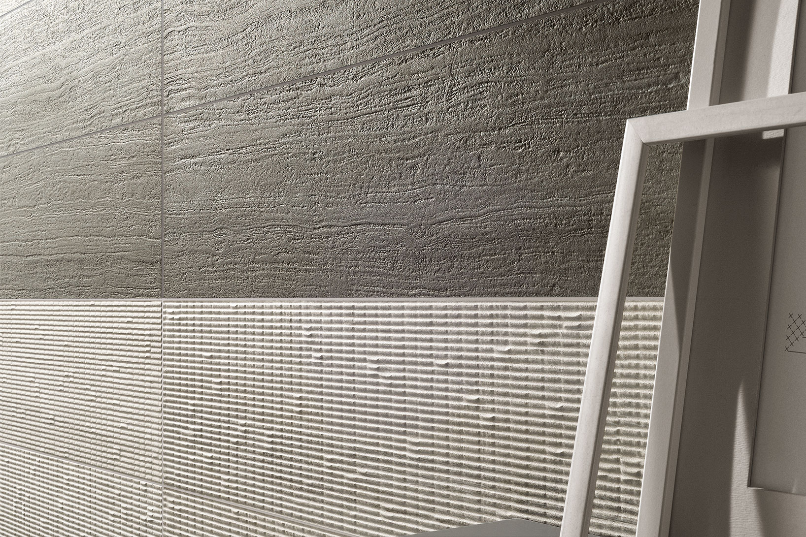 Ceramiche-Coem_Flow_Dark-Grey-20x120_Pleated-Light-Grey-20x120_rivestimenti-2