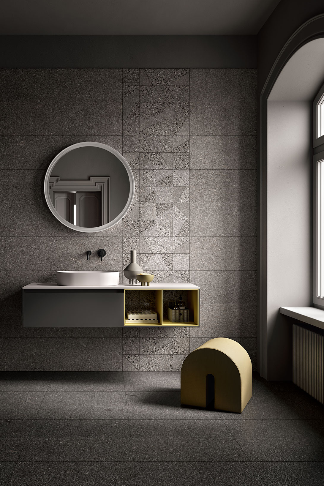 Piastrelle-bagno_Ceramiche-Coem_Porfirica_Graphite-60x60-30x60_Mosaico-Mix-1